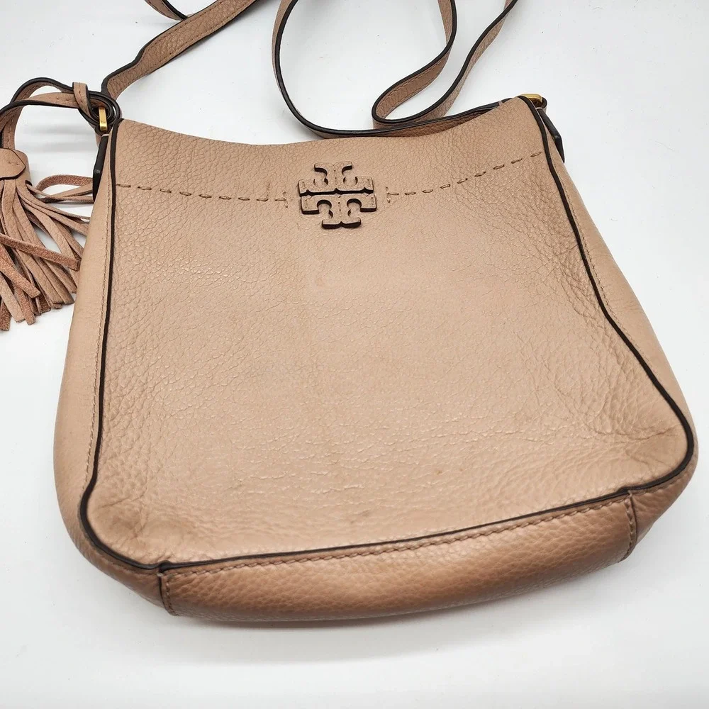 Tory Burch McGraw Crossbody Women's Small Beige Pebbled Leather Tassel Purse